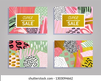 Super sale colorful collage backgrounds set. Hand drawn templates for card, flyer and invitation design. Vector illustration.