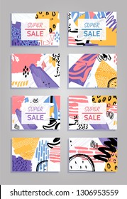 
Super sale colorful collage backgrounds set. Hand drawn templates for card, flyer and invitation design. Vector illustration.
