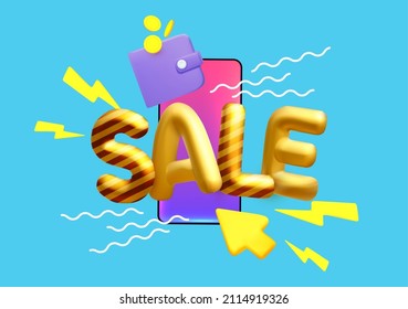 Super Sale concept with 3D gold text, spartphone, wallet, mouse icon and lightning sing with motion isolated on blue background