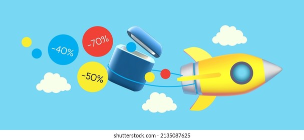 Super Sale concept with fast rocket, gift box and flying sale labels with clouds in the sky