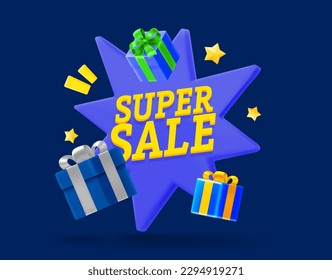 Super sale concept with gift boxes. 3d vector banner