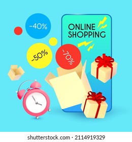 Super Sale concept with open gift boxes, pmartphone and flying sale labels isolated on blue background