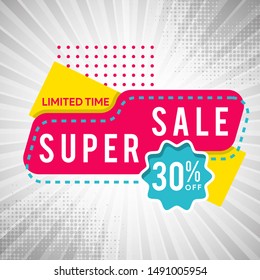 Super sale - concept square banner vector illustration. Discount up to 50%. Limited time only. Abstract advertising promotion layout. Graphic design for web elements. yellow and pink background