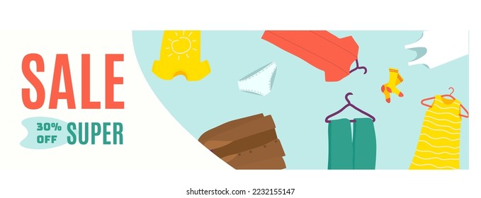 Super sale concept web internet banner, big clearance light outerwear clothes flat vector illustration, isolated on white.