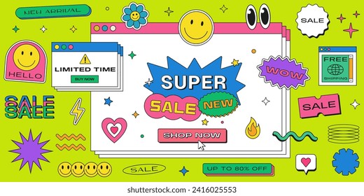 Super Sale Cool Vaporwave Computer Interface Banner. Y2k Stickers Collage Illustration. Special Offer Pop Art Backdrop.