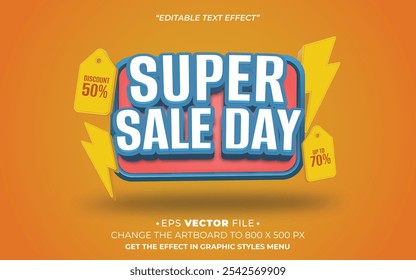 Super sale day text effect 3d colorful vector for social media sales or advertising