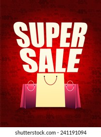 Super sale design and shopping bag with percentage red gradient background.