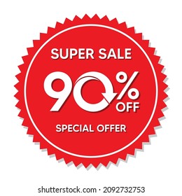 Super sale, discount up to 90 percent, promotion label on red circle sticker isolated on white background, special offer sales promotion discount. vector template illustration