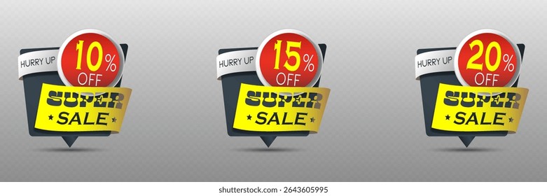 Super sale discount badges with 10%, 15%, and 20% off in red, yellow, and black. 