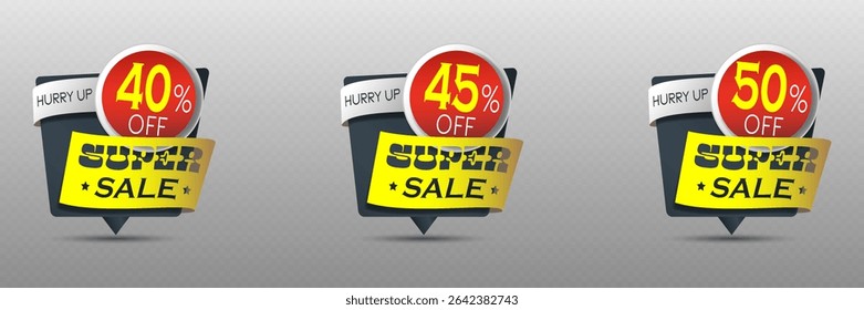 Super sale discount badges with 40%, 45%, and 50% off in red, yellow, and black.