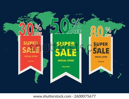 Super Sale Discount Banner with Percentage Tags on World Map Background, Special Offer Promotion Template for E-commerce and Marketing