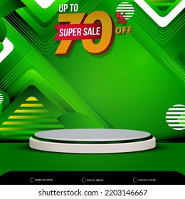 super sale discount banner social media template post with blank space 3d podium for product with abstract dark green gradient background design