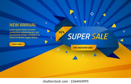 Super sale discount banner template promotion with blue and yellow color abstract background. Simple and modern design template for use element sticker, poster, flyer, and landing page