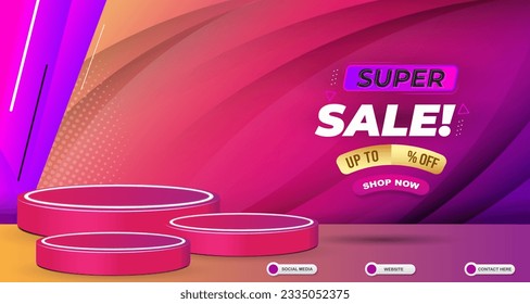 super sale discount with landscape template banner and copy space 3d podium for product sale with abstract gradient purple background design