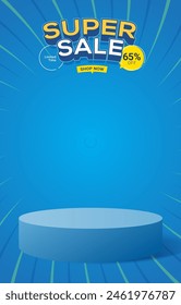 super sale discount portait template banner with blank space 3d podium for social media feed product sale with abstract gradient blue background design17