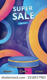 super sale discount portait template banner with blank space 3d podium for social media post product sale with abstract gradient colorful background design57