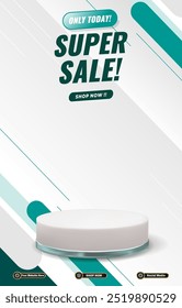 super venda desconto portait modelo banner com espaço em branco 3d pódio para mídia social pós venda do produto com gradiente abstrato verde plano de fundo design60