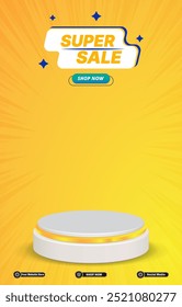super sale discount portait template banner with blank space 3d podium for social media post product sale with abstract gradient yellow background design 23