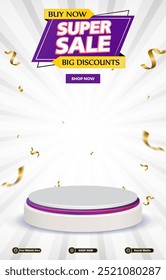 super sale discount portait template banner with blank space 3d podium for social media post product sale with abstract gradient white background design 10