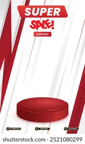 super sale discount portait template banner with blank space 3d podium for social media post product sale with abstract gradient red background design 2