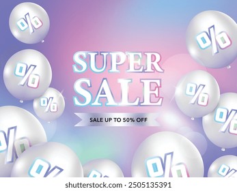 Super sale discount promotion with the percentage chrome sticker on silver balloon gradient pastel wallpaper. illustration vector premium.