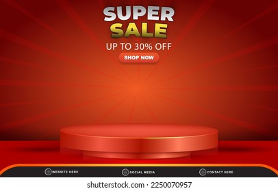 super sale discount template banner with blank space 3d podium for product sale with abstract gradient red background design