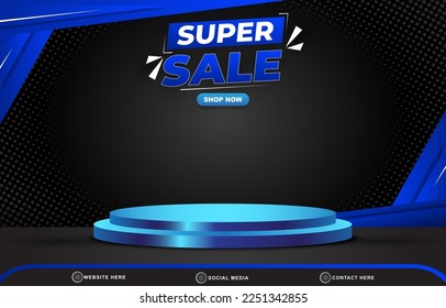 super sale discount template banner with blank space 3d podium for product sale with abstract gradient blue and black background design