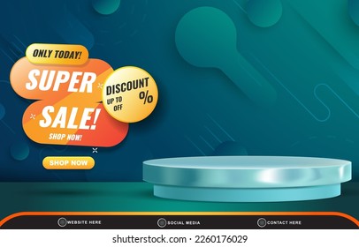 super sale discount template banner with blank space 3d podium for product sale with abstract gradient blue and green background design