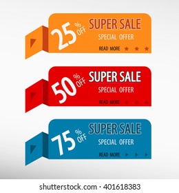 Super sale discounts. Three vector web banners. 25 %, 50 %, 75 % off. Sale tag on origami paper banners