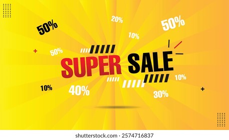 Super Sale editable banner template in EPS format featuring bold black, red, and white shapes. Gradient black-red font on a hot yellow-orange abstract background. Perfect for eye-catching designs!