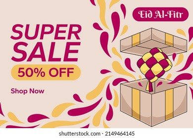 super sale eid mubarak banner vector illustration. cartoon ketupat coming out of a gift