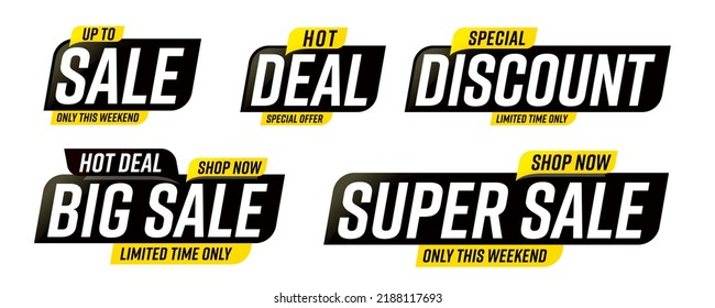 Super sale event advertisement sticker set. Special discount hot deal offer label design collection. Retail shopping big sale promotion sticker templates vector illustration