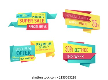Super sale exclusive offer week hot price for natural products and goods. Promotional posters banners. Premium quality special deal isolated on vector
