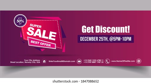 Super sale facebook cover banner template. Super sale best offer to avail announcement facebook banner in decent purple colour with sale tag. Get discount voucher. Sale up to fifty percent. 