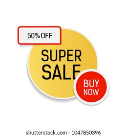 Super Sale Fifty Percent Off Buy Now lettering. Sale design element. Typed text, calligraphy. For posters, banners, leaflets and brochures.