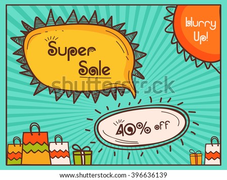 Super Sale Flyer, Sale Banner, Sale Poster, 40% Off, Vector Illustration with colorful bags on rays background. 
