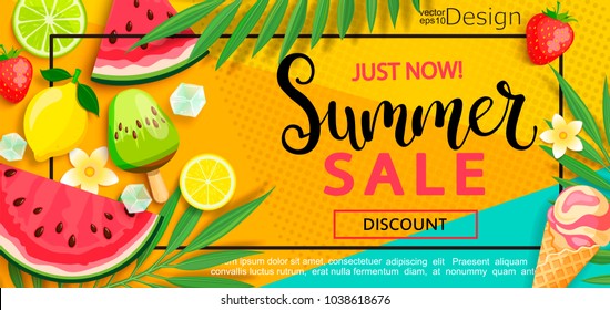 Super sale flyer with gourmet food to summer time such as ice cream,watermelon,strawberries.Vector illustration template and banners, wallpaper,flyer,invitation, poster,brochure,voucher discount.