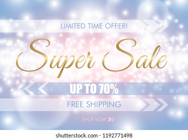 Super sale glow sparkling web banner. Golden text on blue pink luminous background. Free shipping. White up to 70 percent discount. Limited time offer. Firework sparks holiday light poster