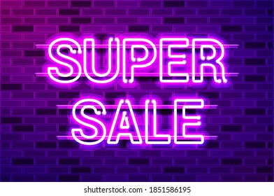 SUPER SALE glowing neon lamp sign. Realistic vector illustration. Purple brick wall, violet glow, metal holders.