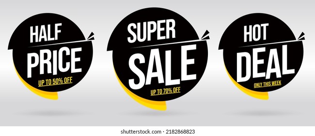 Super Sale Half Price Hot Deal Sticker Set. Sale Offer Promotion Label Template Collection. Price Discount Advertisement Tags Vector Illustration