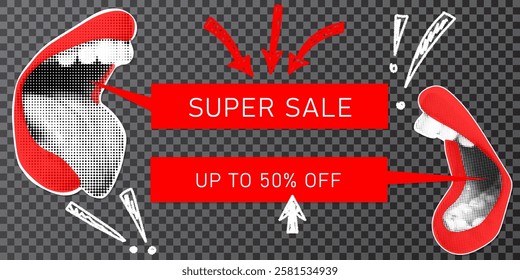 Super sale halftone collage banner. Screaming mouth announcing crazy promotions. Social media retro poster. Modern vector design for promotion and marketing