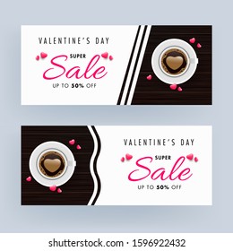 Super Sale Header or Banner Design Set with Top View Latte Art Love Coffee Cup and Pink Hearts on White and Brown Wooden Background for Valentine's Day.