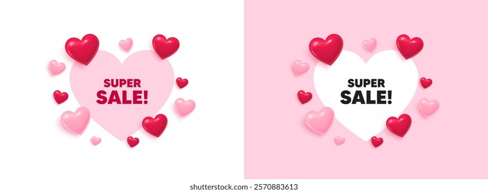 Super sale heart shaped banner. 3d flying hearts. Super Sale tag. Special offer price sign. Advertising Discounts symbol. Valentines day greeting card. Cute 3d love hearts. Vector