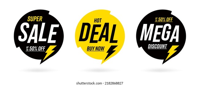 Super sale hot deal promotion sticker template set. Special offer mega discount labels collection. Clearance event round black and yellow sticker templates vector illustration