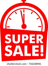 Super sale icon with alarm clock flat, red logo