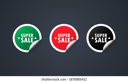 Super sale icon. Sticker set. Discount vector. Super sale labels set. Black, red and green round circle tags. Sale tags badges template. Discount promotion. Vector illustration. EPS10