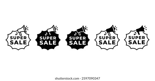 Super Sale Icons Megaphone Announcement Promotion Graphics Vector Design Black White Color Illustration Template Sets