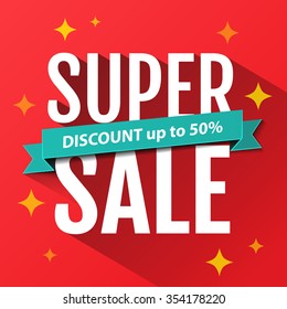 Super Sale inscription, design template. Super Sale banner. Sale poster. Super Sale discount up to 50%. Vector illustration