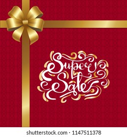 Super sale inscription with golden curved elements vector information about discounts with ribbon on top on burgundy ornamental background