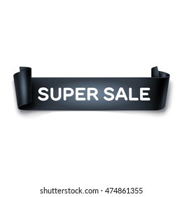 Super sale inscription on black detailed curved ribbon isolated on white background. Curved paper banner.
